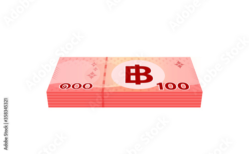 pile money 100 baht banknote thai, currency stack of one hundred THB type, bank note money thailand baht for business and finance icon, paper money thai isolated on white background