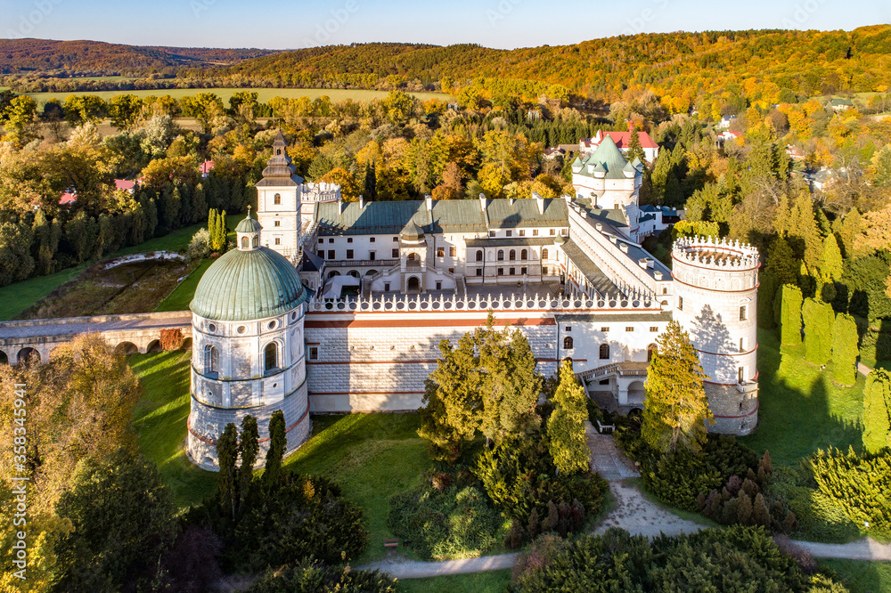 Renaissance castle and park in Krasiczyn near Przemysl , Poland. Aerial view in fall in sunset light