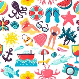 Summer vacation travel pattern design, vector illustration. People man woman in swimsuit seamless background, holiday leisure. Journey trip drawing concept, fun cartoon sketch style.