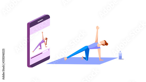 Yoga online course concept : A female yoga teacher training her student via mobile phone. Vector illustration, Flat design