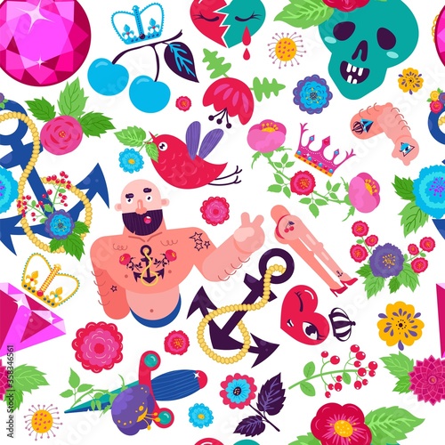 Tattoo retro pattern with heart, vector illustration. Old school cartoon seam...