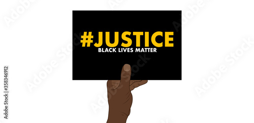 hashtag justice written on a black sign with black lives matter underneath held by black hand on white background