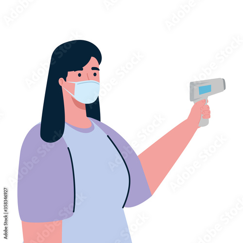 covid 19 coronavirus, woman holding infrared thermometer to measure body temperature vector illustration design