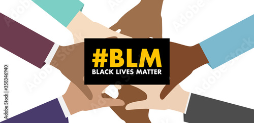 diverse group of hands together with overlay of hashtag black lives matter on a white background photo