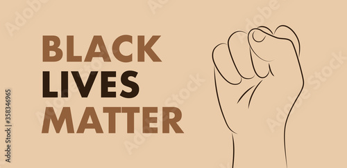 black lives matter on a tan background with brown outline of fist on the right