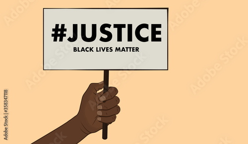 hashtag justice written on a gray sign held by a black man on a tan background with words black lives matter underneath