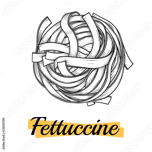 Pasta Fettuccine Tagliatelle Pappardelle or Taglierini sketch. Italian Food vector illustration. Vintage hand drawn doodle style. Engraved, ink, outline. Hand drawing.