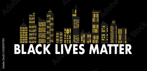 rendition of a city at night on black background with words black lives matter