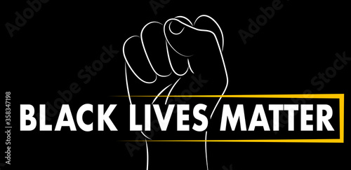 white outline of a fist on a black background with the words black lives matter
