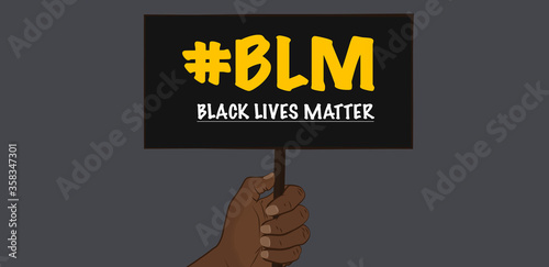 black hand holding a sign with hashtag black lives matter on a gray background