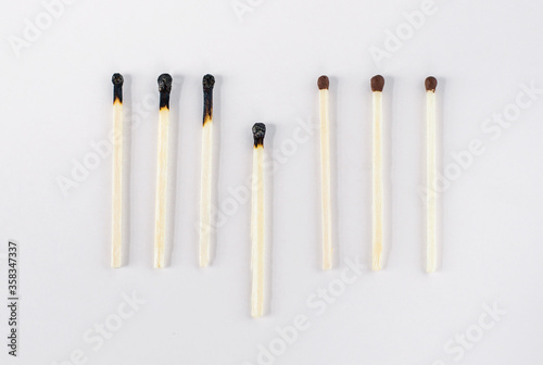 Matchsticks burn, one piece prevents the fire from spreading - the concept of how to stop the coronavirus from spreading: stay at home. Flat lay. Close up