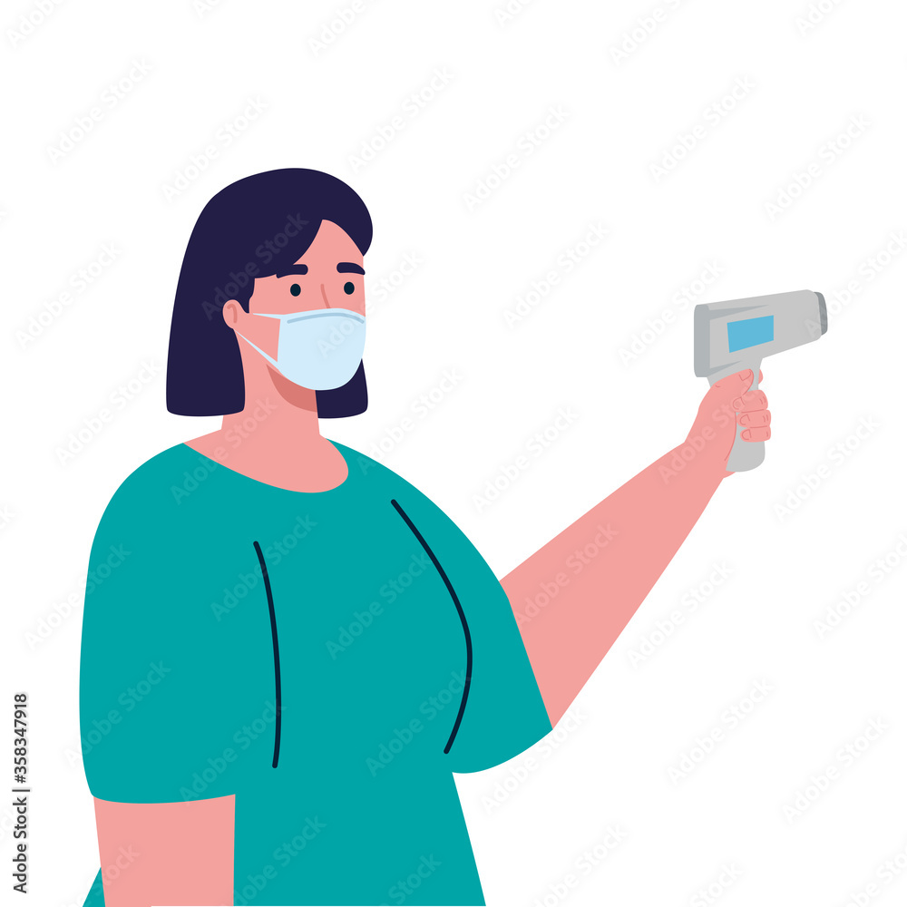 covid 19 coronavirus, woman holding infrared thermometer to measure body temperature vector illustration design covid 19 coronavirus, woman holding infrared thermometer to measure body temperature vector illustration design