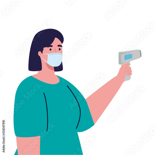covid 19 coronavirus, woman holding infrared thermometer to measure body temperature vector illustration design