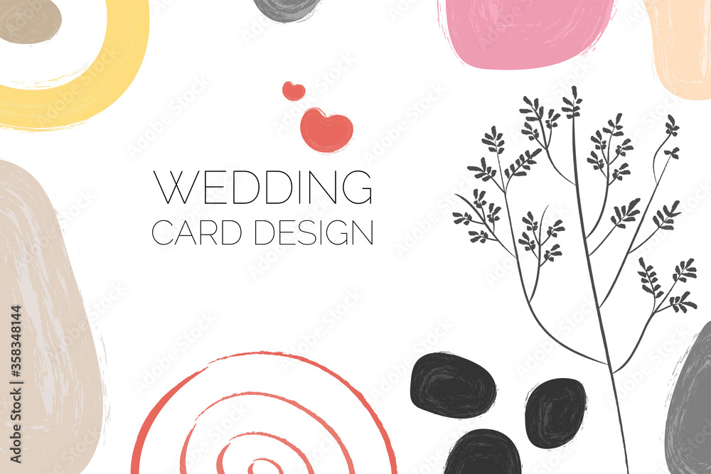 Wedding invitation card. Color splashing and floral hand drawn vectors. Wedding invite background.Abstract Shapes and print graphics. Vector hand drawn shapes. 
