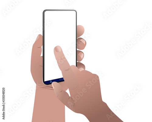 Hands holding smartphone or mobile phone with empty screen. Communication concept. Colorful vector illustration in cartoon style.