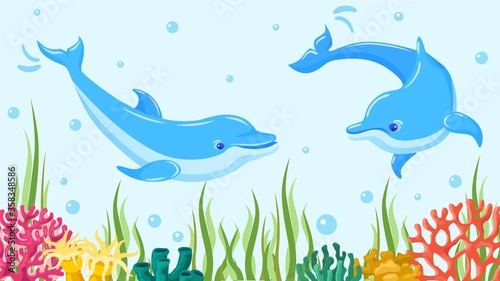 Underwater sea dolphin, vector illustration. Fish in blue ocean water, marine aquatic mammal animal. Wildlife at coral and reef, beautiful playful character swim near seaweed and plant.