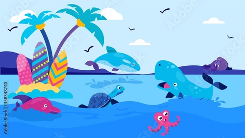 Sea cartoon animal near island, vector illustration. Underwater nature dolphin, fish marine with nature tropical coral background. Reef landscape, aquatic exotic life in flat summer.