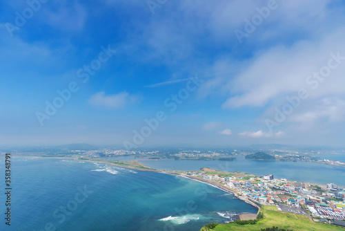panoramic view of the Songsan Ilchulbong from the Peak on jeju island.
