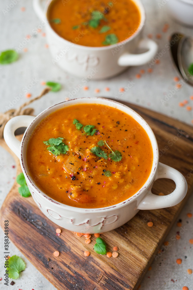 Homemade red lentil dahl soup