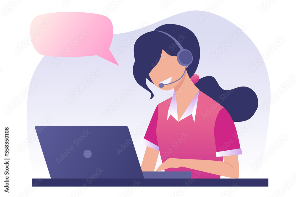 Young woman is working on a laptop. Call center. The girl answers the call, support service. Online consultation, online help. Vector flat illustration. Dispatcher Young woman is working on a laptop. Call center. The girl answers the call, support service. Online consultation, online help. Vector flat illustration. Dispatcher