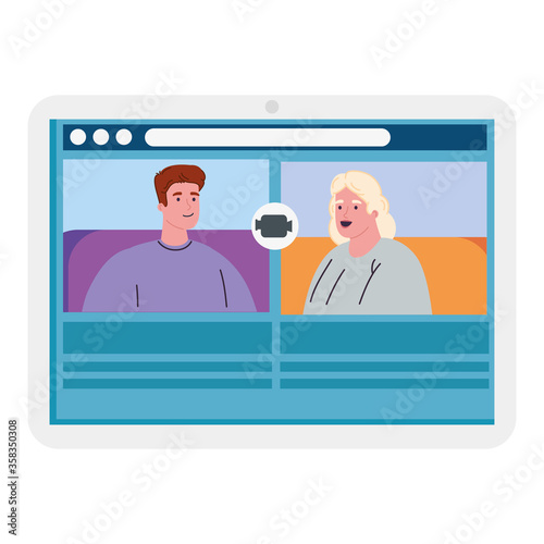 couple talk to each other on the tablet device screen, conference video call vector illustration design
