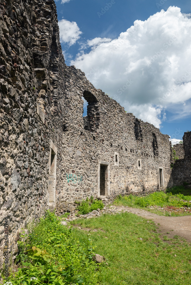 Inner yard of Ukrainian old Nevytsky Castle on Zakarpattia travel, Ukraine may 2014 