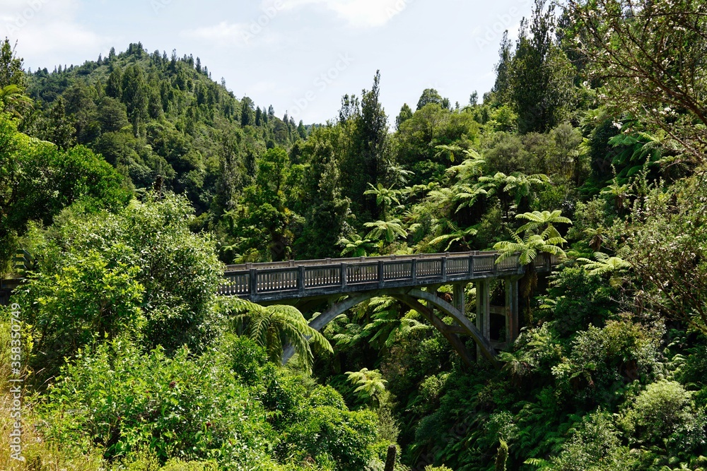 Bridge to Nowhere - Whanganui National Park - historical concrete bridge surrounded by lush foliage - landscape. Bridge to Nowhere - Whanganui National Park - historical concrete bridge surrounded by lush foliage - landscape.