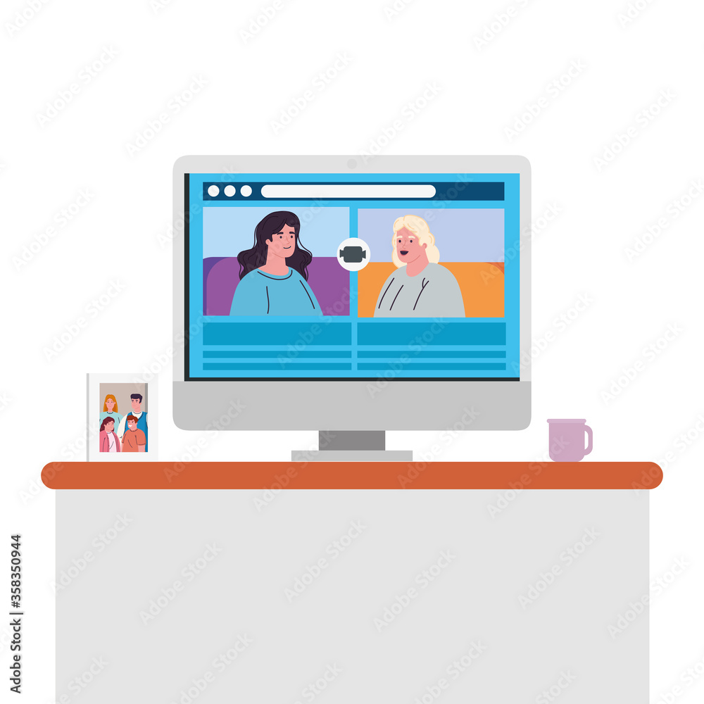 women talk to each other on the computer screen, conference video call vector illustration design women talk to each other on the computer screen, conference video call vector illustration design
