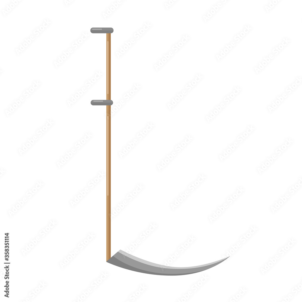 Gray scythe on white background isolated. Instrument for mowing with wooden handle in style flat. Garden tool Gray scythe on white background isolated. Instrument for mowing with wooden handle in style flat. Garden tool
