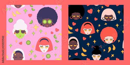 set of two seamless patterns with facial skin care. multiracial people. portraits of multi colored people. black and white women. natural facial mask, eye patches