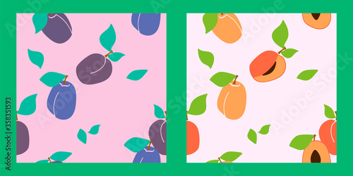 set of two seamless patterns with leaves, plums and sliced apricots. fresh fruits. Modern design for packaging, paper, fabric. print for clothes