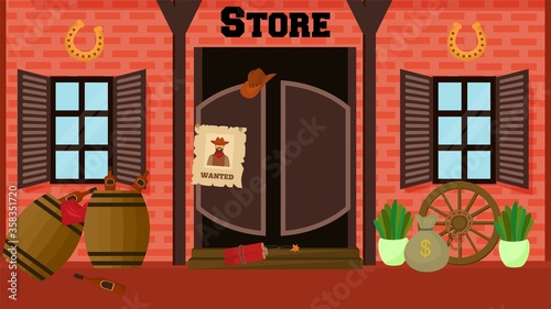 West store exterior, wild western architecture vector illustration. Cartoon building facade, old saloon outdoor background. City house retro design, rustic bar style for american cowboy.