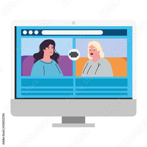 women talk to each other on the computer screen, conference video call vector illustration design