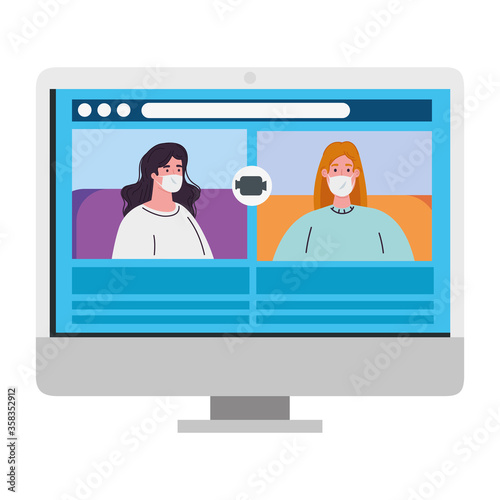 women talk to each other on the computer screen, conference video call, during covid 19 vector illustration design