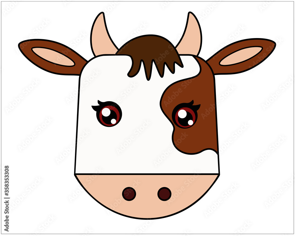 Bull - symbol 2021 - full-color, stylized children`s vector illustration with a bull head. The head of a calf is a cute picture. Buffalo - a head with brown spots - an animal of the Chinese horoscope. Bull - symbol 2021 - full-color, stylized children`s vector illustration with a bull head. The head of a calf is a cute picture. Buffalo - a head with brown spots - an animal of the Chinese horoscope.