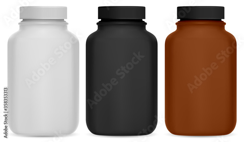 Pill bottle. Vitamin supplement 3d package mockup. Medical jar design without logo for health care drugs. Plastic medicine container for tablet, capsule. Glossy cylinder pack for protein powder