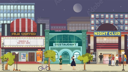Fototapeta Naklejka Na Ścianę i Meble -  Street at urban night, people lifestyle vector illustration. Man woman character at building background,town road and cityscape. City home exterior with light, cartoon walk outdoor.