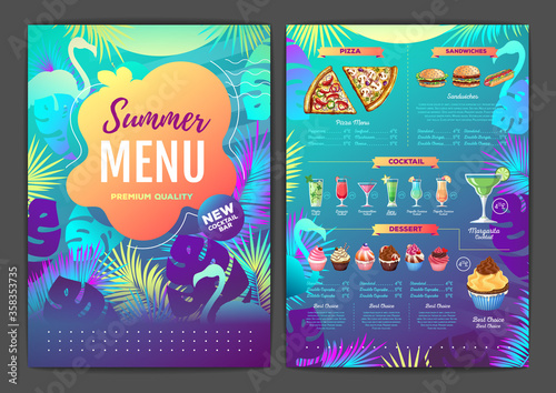 Restaurant summer tropical gradient menu design with fluorescent tropic leaves and flamingo. Fast food menu