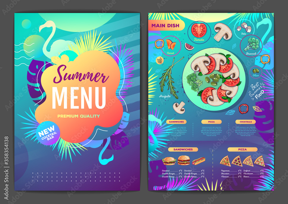 Restaurant summer tropical gradient menu design with fluorescent tropic leaves and flamingo. Fast food menu