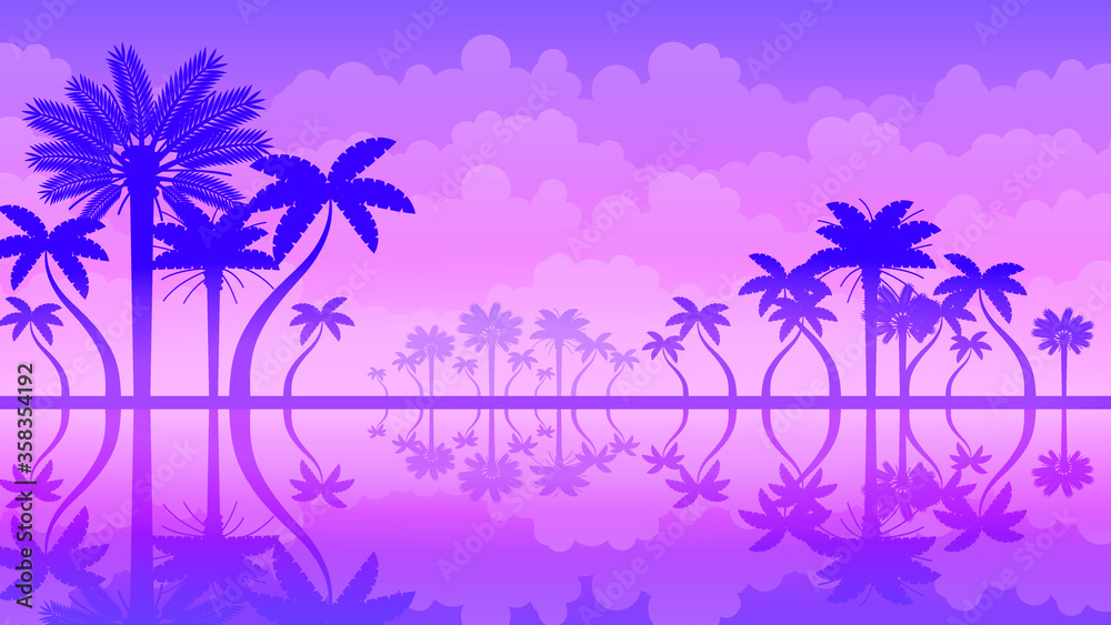 Abstract Ocean Sea Summer Tropical Background Vector With Palm Trees Silhouette And Clouds Nature Paradise