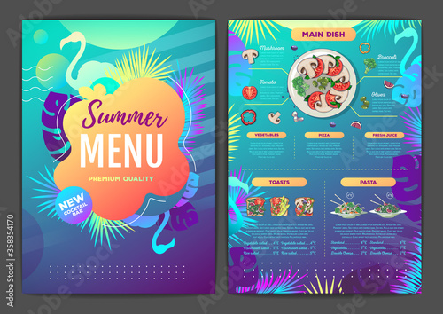Restaurant summer tropical gradient menu design with fluorescent tropic leaves and flamingo. Fast food menu
