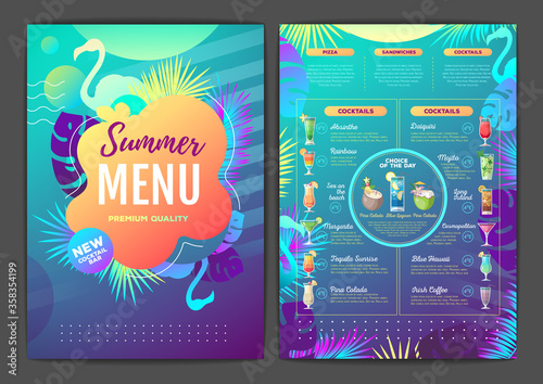 Restaurant summer tropical gradient cocktail menu design with fluorescent tropic leaves and flamingo.