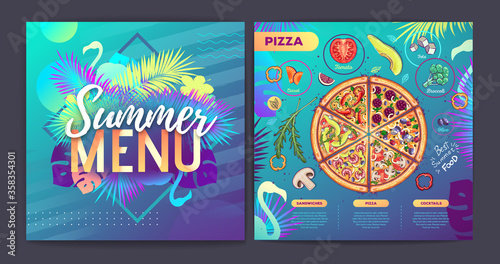 Restaurant summer tropical gradient pizza menu design with fluorescent tropic leaves and flamingo. Fast food menu
