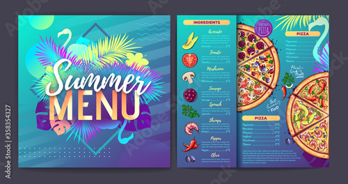 Restaurant summer tropical gradient pizza menu design with fluorescent tropic leaves and flamingo. Fast food menu