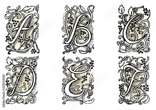 Hand drawn artistic vector fairytale letters " a ", " b ", " c ", " d ", " e ", " f ".  Whole alphabet downloadable at my portfolio.