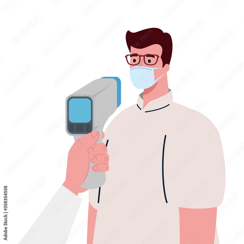covid 19 coronavirus, hand holding infrared thermometer to measure body temperature, man check temperature vector illustration design covid 19 coronavirus, hand holding infrared thermometer to measure body temperature, man check temperature vector illustration design