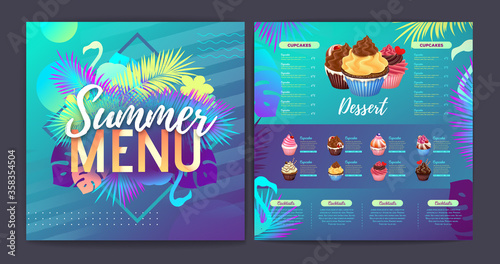 Restaurant summer tropical gradient dessert menu design with fluorescent tropic leaves and flamingo.