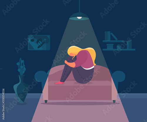Loneliness depressed girl, vector illustration. Woman sad character alone and stress at home, unhappy person with upset emotion. Young sadness, tired health and cartoon sorrow expression.