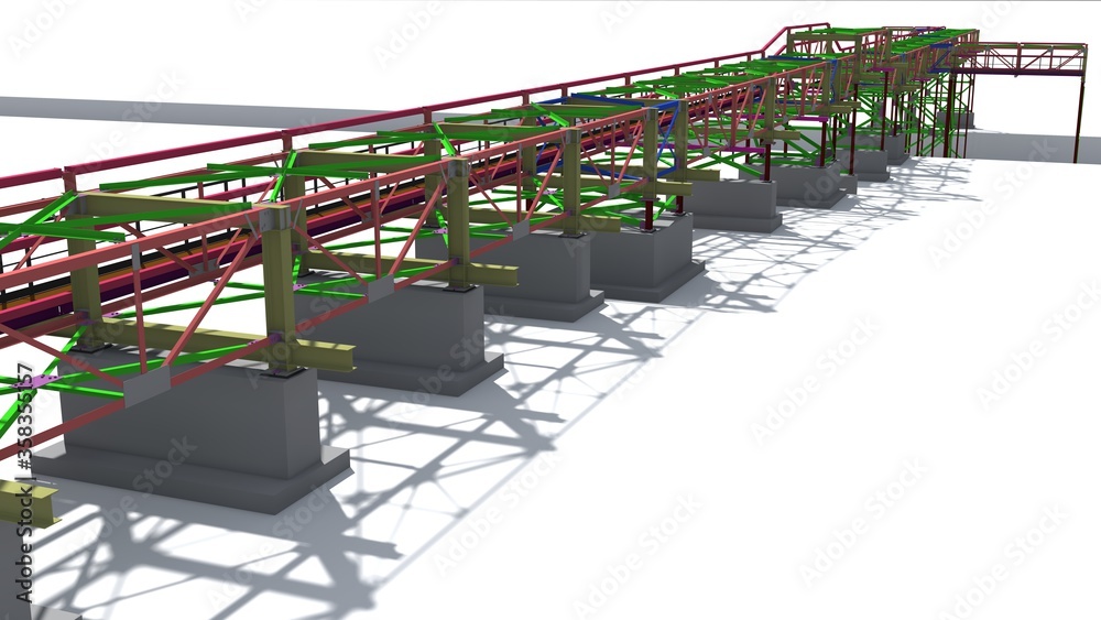 BIM model structure of a steel overpass for laying industrial electrical networks of power plants and factories. 3D rendering. BIM model structure of a steel overpass for laying industrial electrical networks of power plants and factories. 3D rendering.