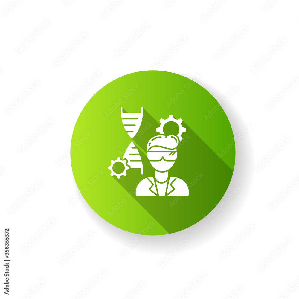 Biomedical engineer green flat design long shadow glyph icon. Biotechnology field specialist. Professional employee to work in medical laboratory. Microbiology work. Silhouette RGB color illustration Biomedical engineer green flat design long shadow glyph icon. Biotechnology field specialist. Professional employee to work in medical laboratory. Microbiology work. Silhouette RGB color illustration